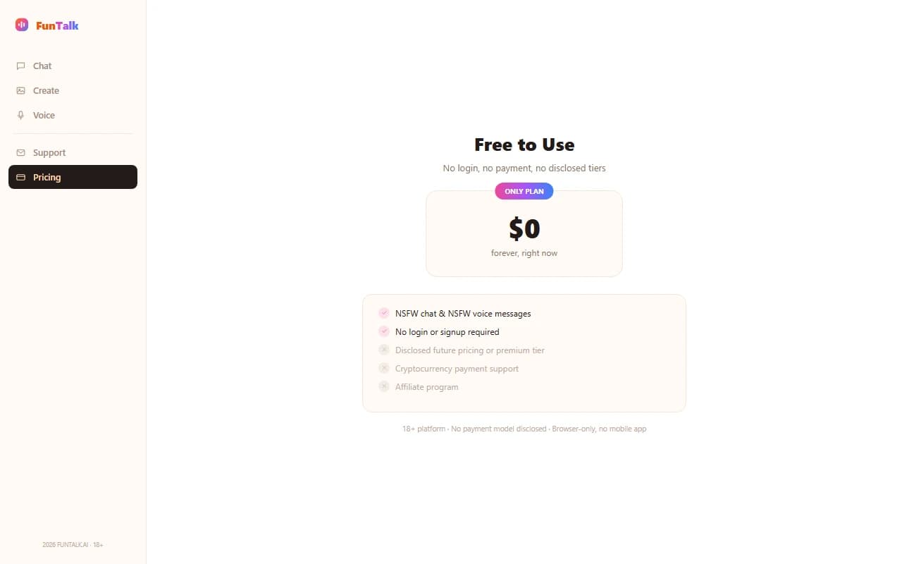 FunTalk.ai showing free, no-login access with no disclosed pricing tiers