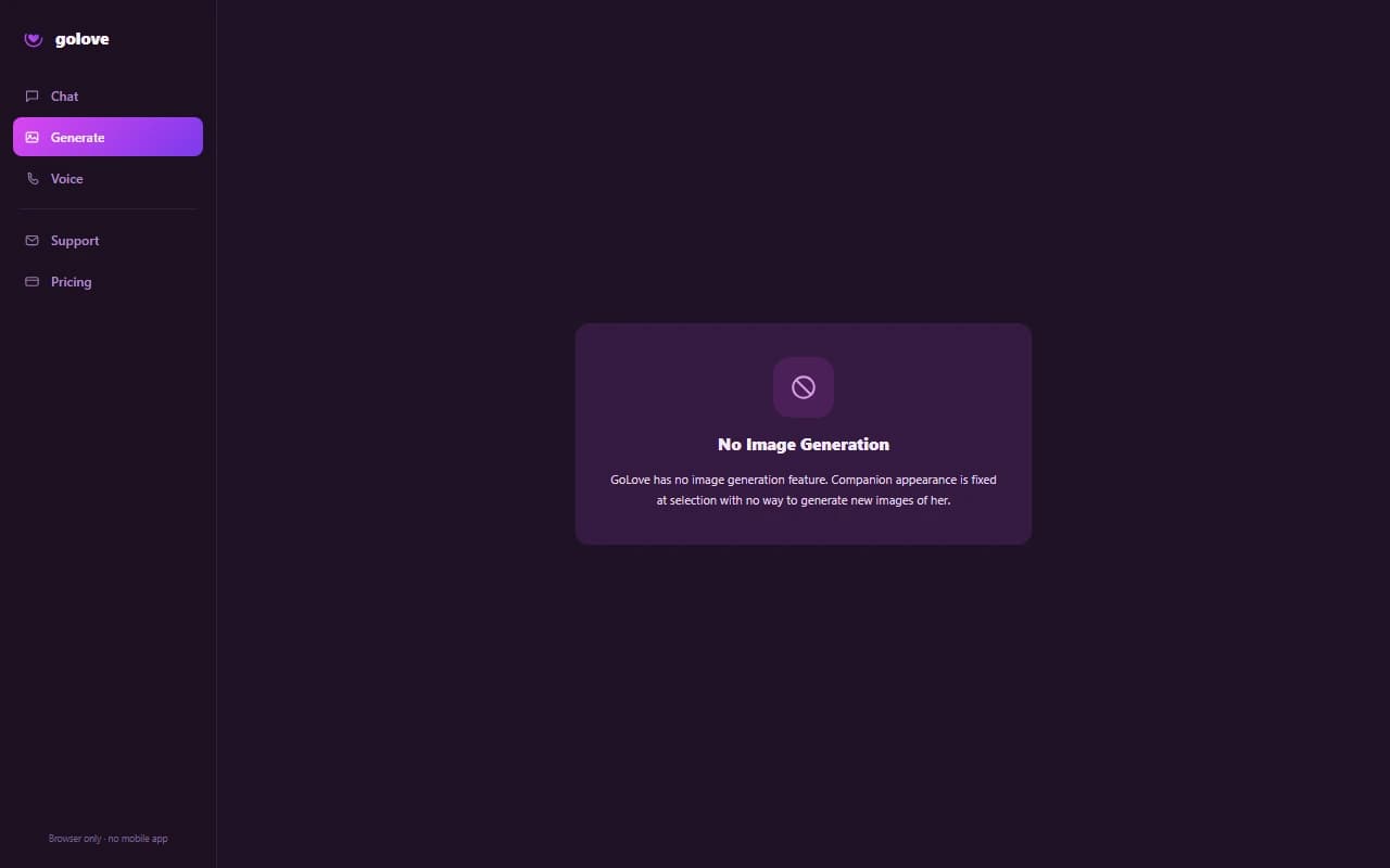 GoLove interface showing no image generation feature available