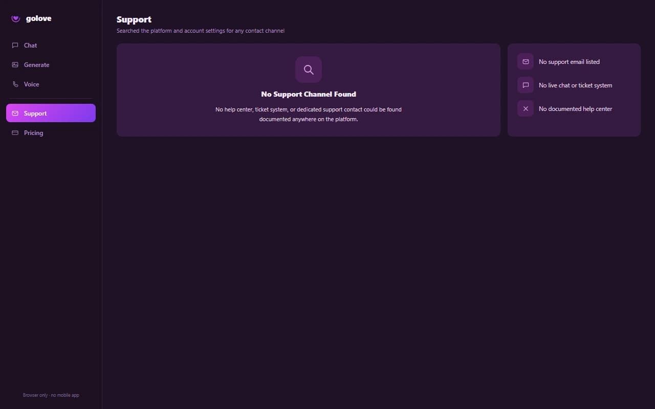 GoLove interface showing no support contact channel found