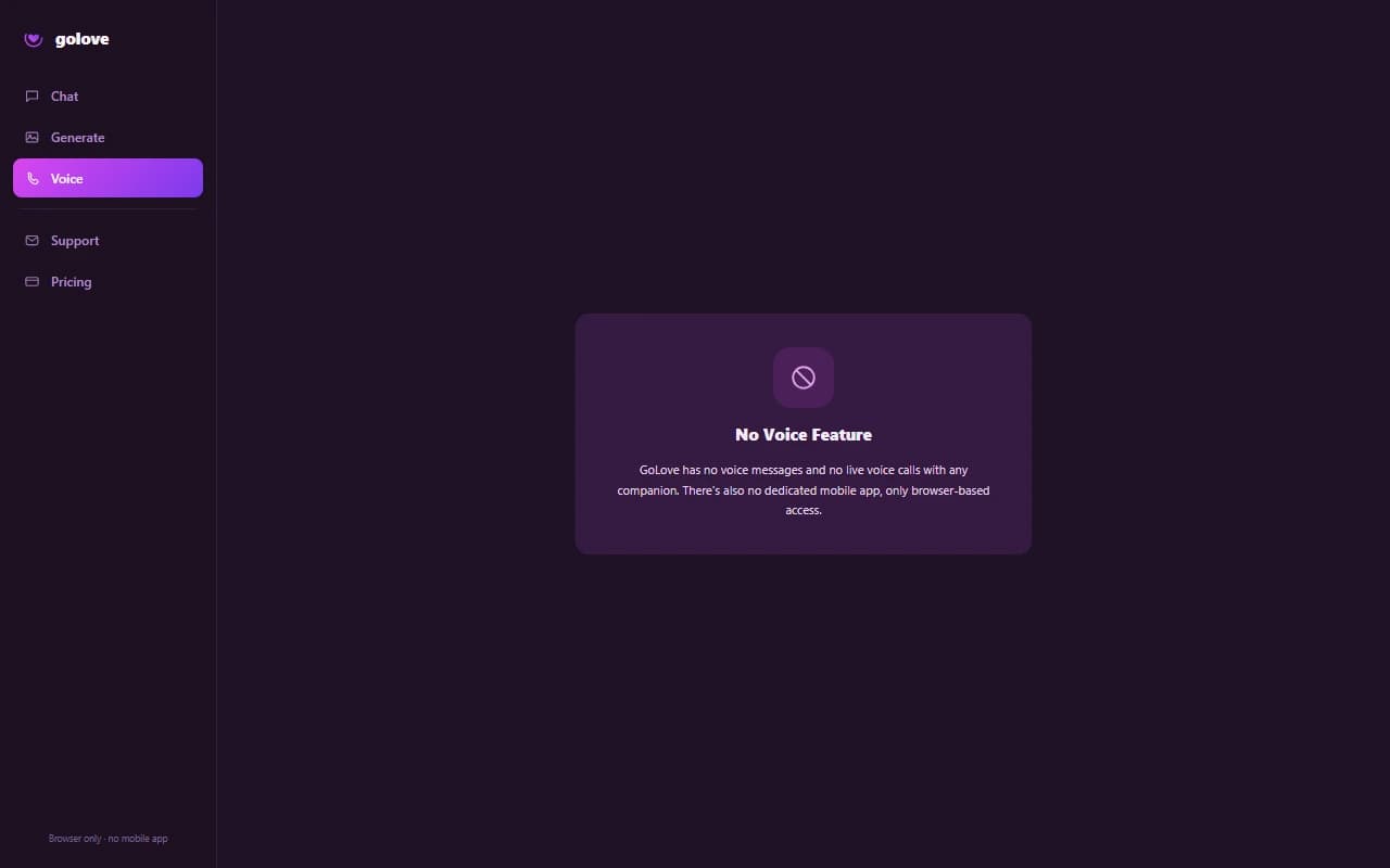 GoLove interface showing no voice message or call option available