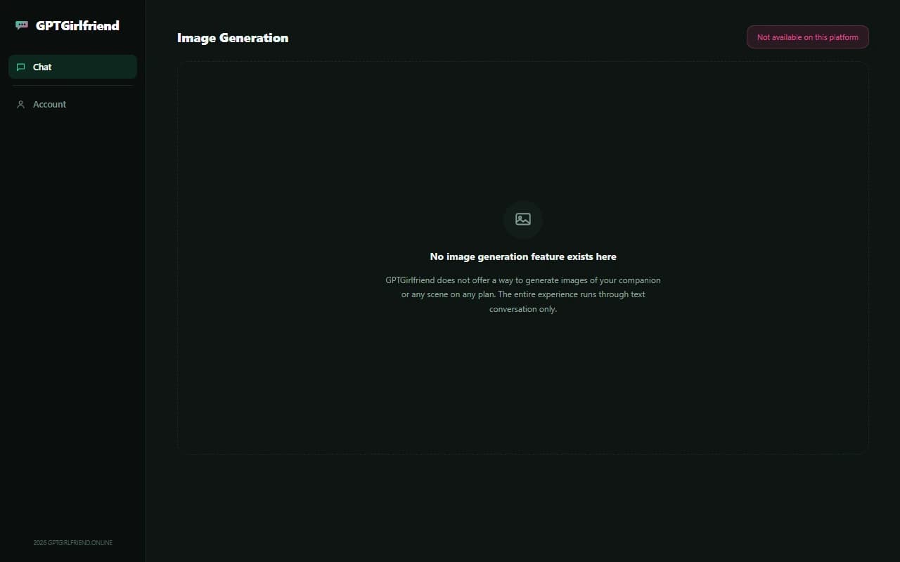 GPTGirlfriend chat screen showing no image generation feature available