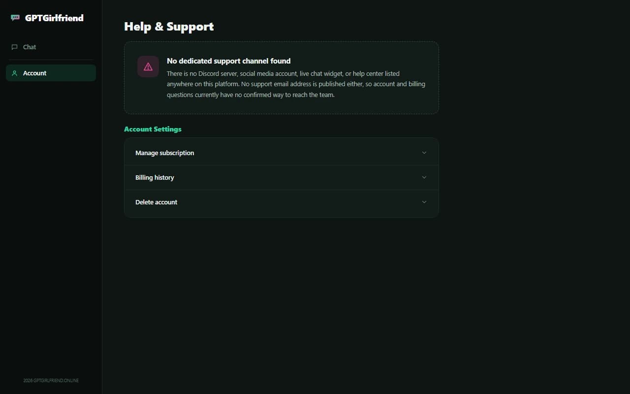 GPTGirlfriend account screen showing no dedicated support channel found