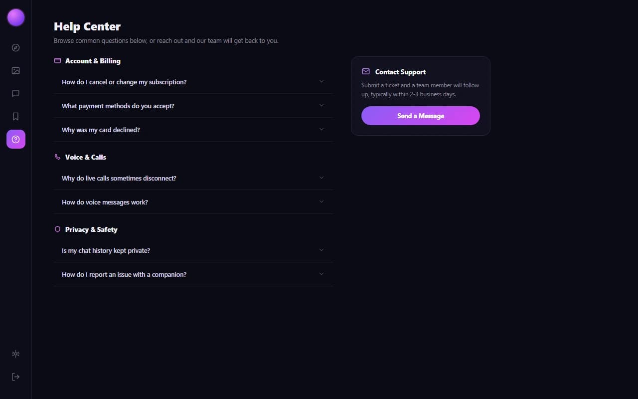 HeraHaven help center showing categorized FAQ sections and a contact support panel