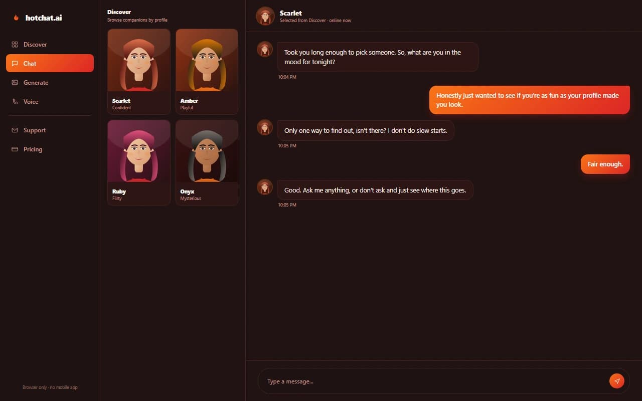 HotChat.AI character browsing grid alongside an active chat conversation