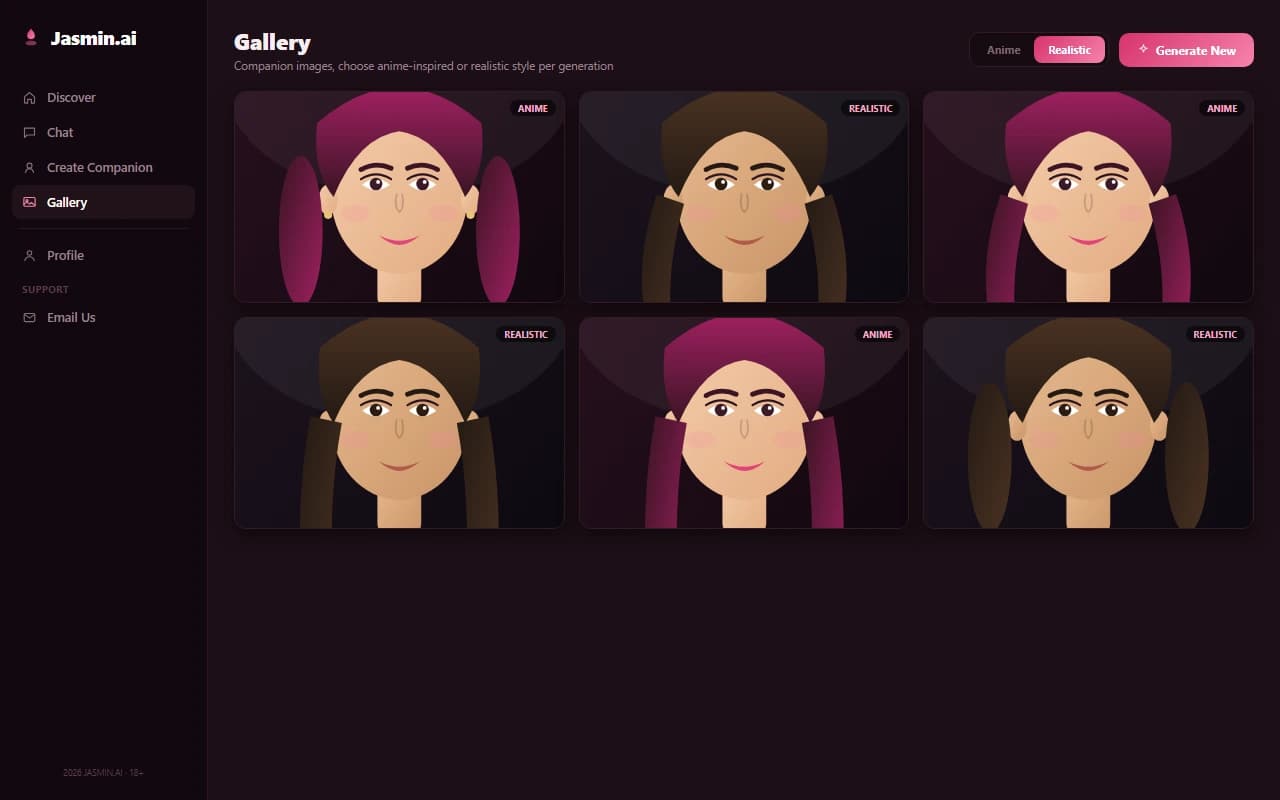 Jasmin.ai image generation results showing anime and realistic style companion portraits