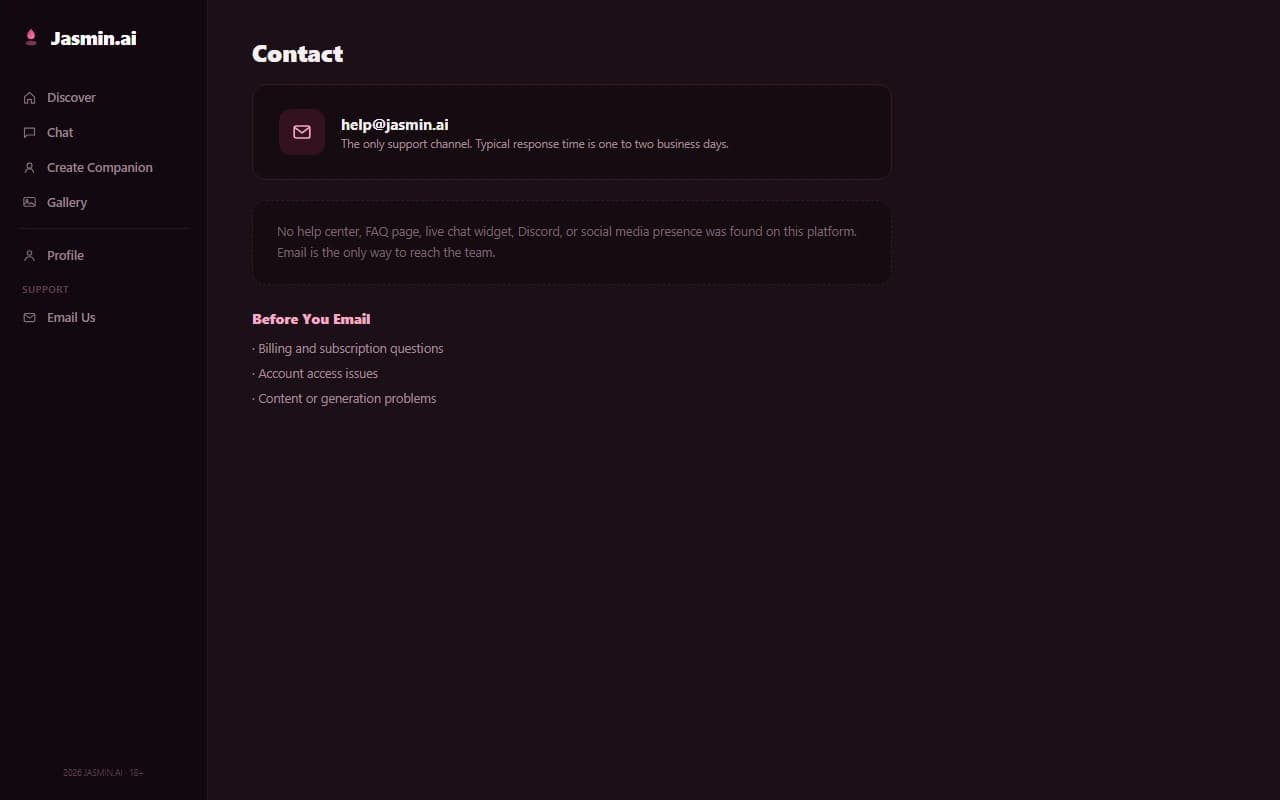 Jasmin.ai support screen showing email as the only contact channel