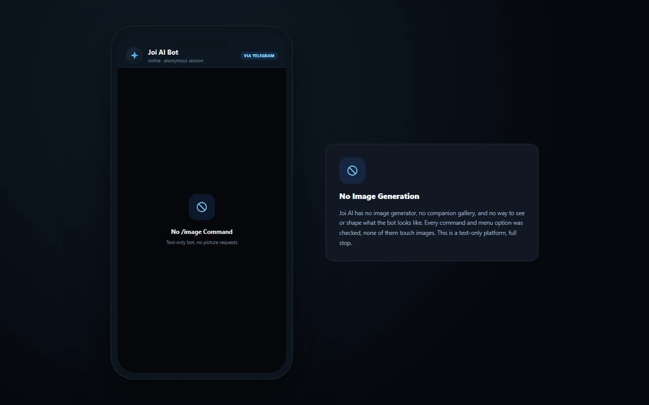 Joi AI Telegram bot screen showing no image generation feature available