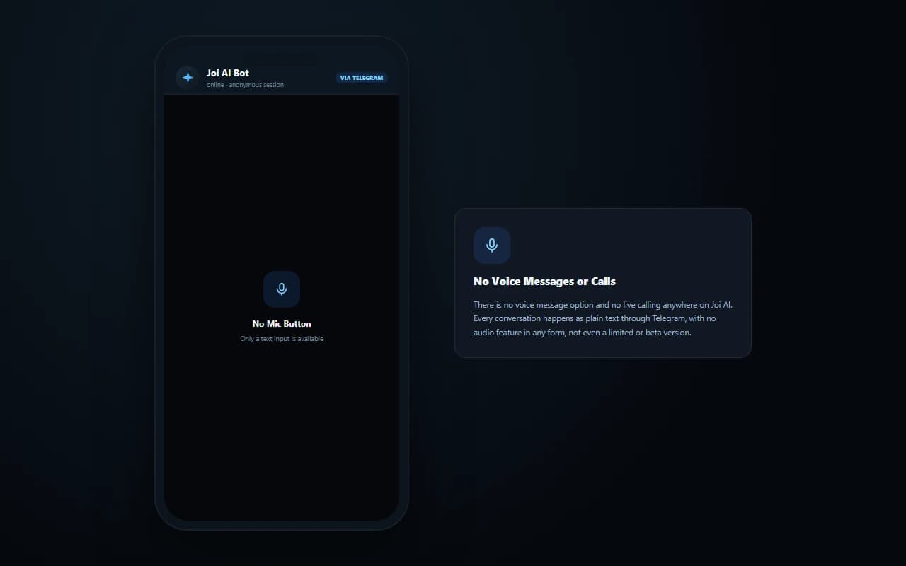 Joi AI Telegram bot screen showing no voice messages or live calling available