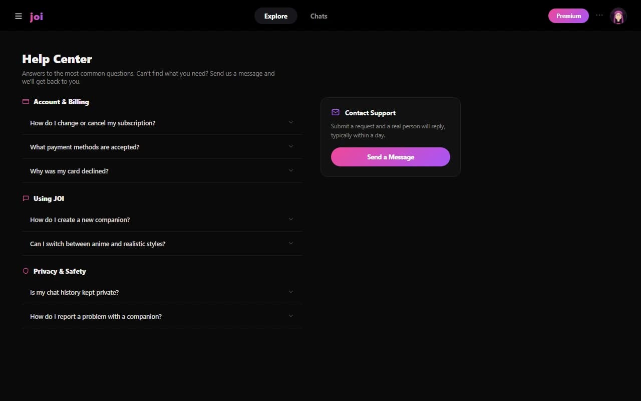 JOI help center and FAQ page JOI help center and FAQ page