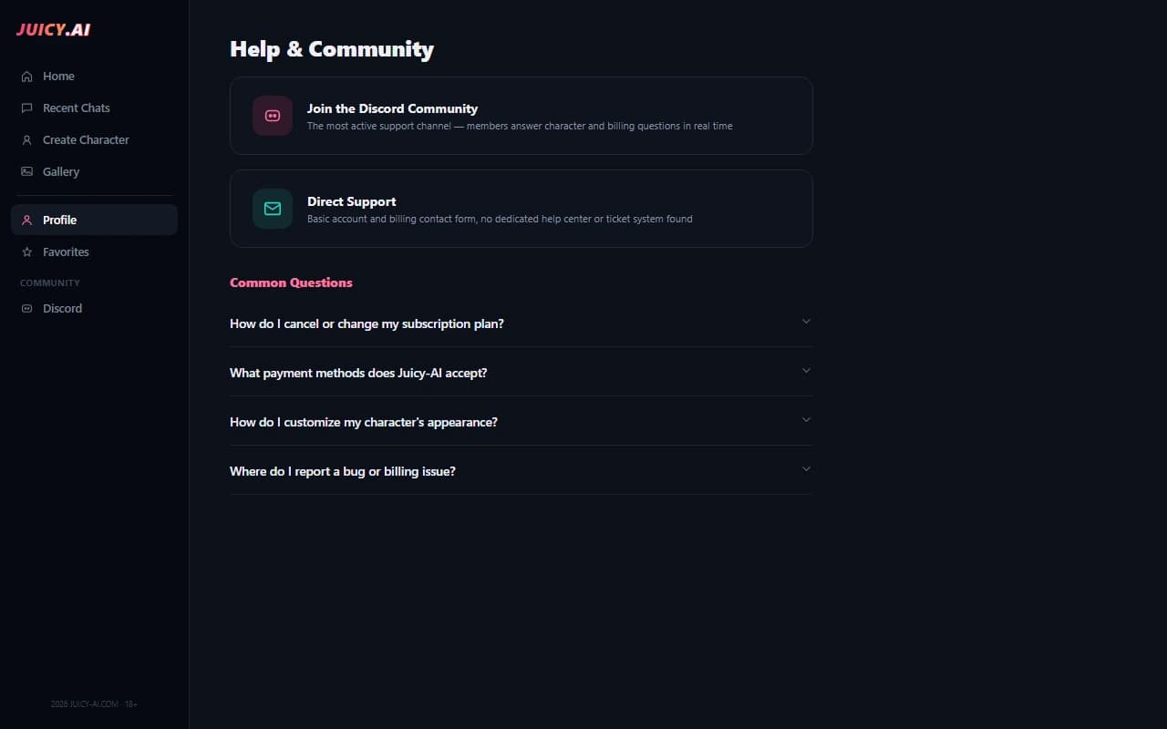 Juicy-AI Discord community and account help page