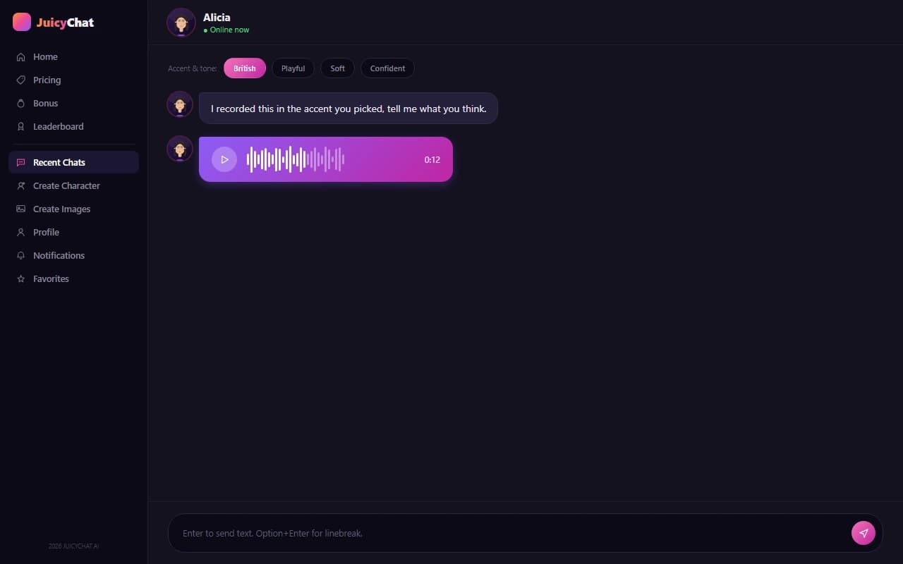 JuicyChat voice message with accent and tone options JuicyChat voice message with accent and tone options