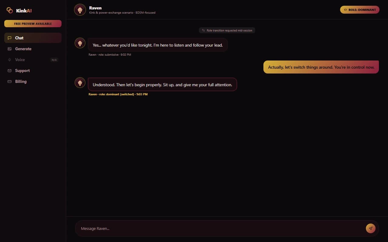 KinkAI dominant and submissive roleplay chat interface