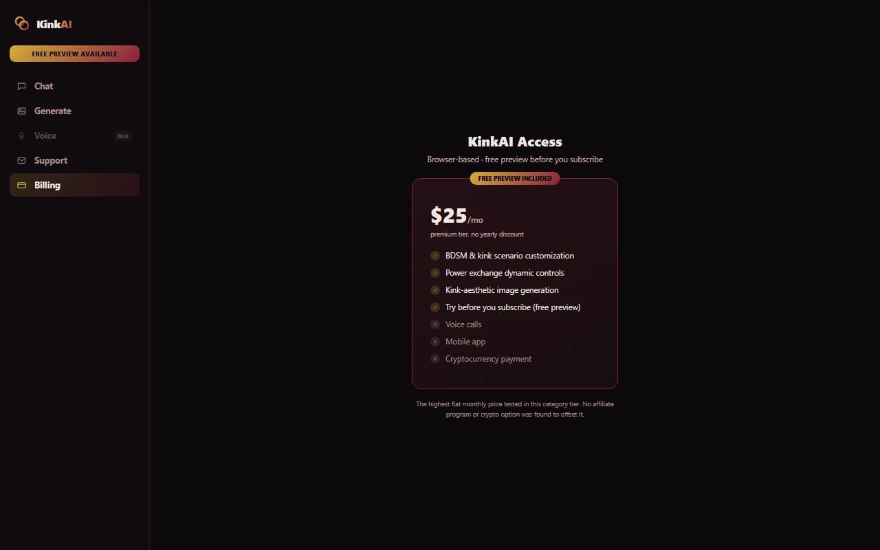 KinkAI $25 per month pricing plan with free preview