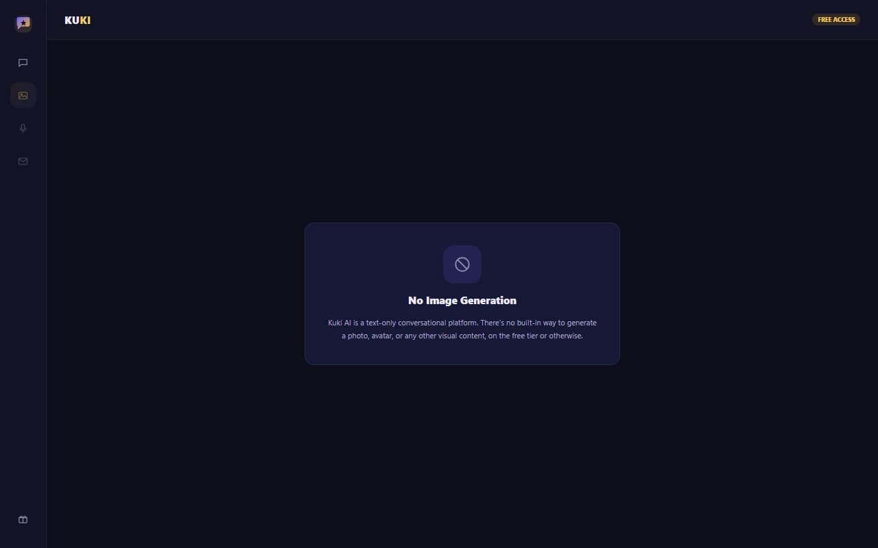 Kuki AI interface showing no image generation feature available
