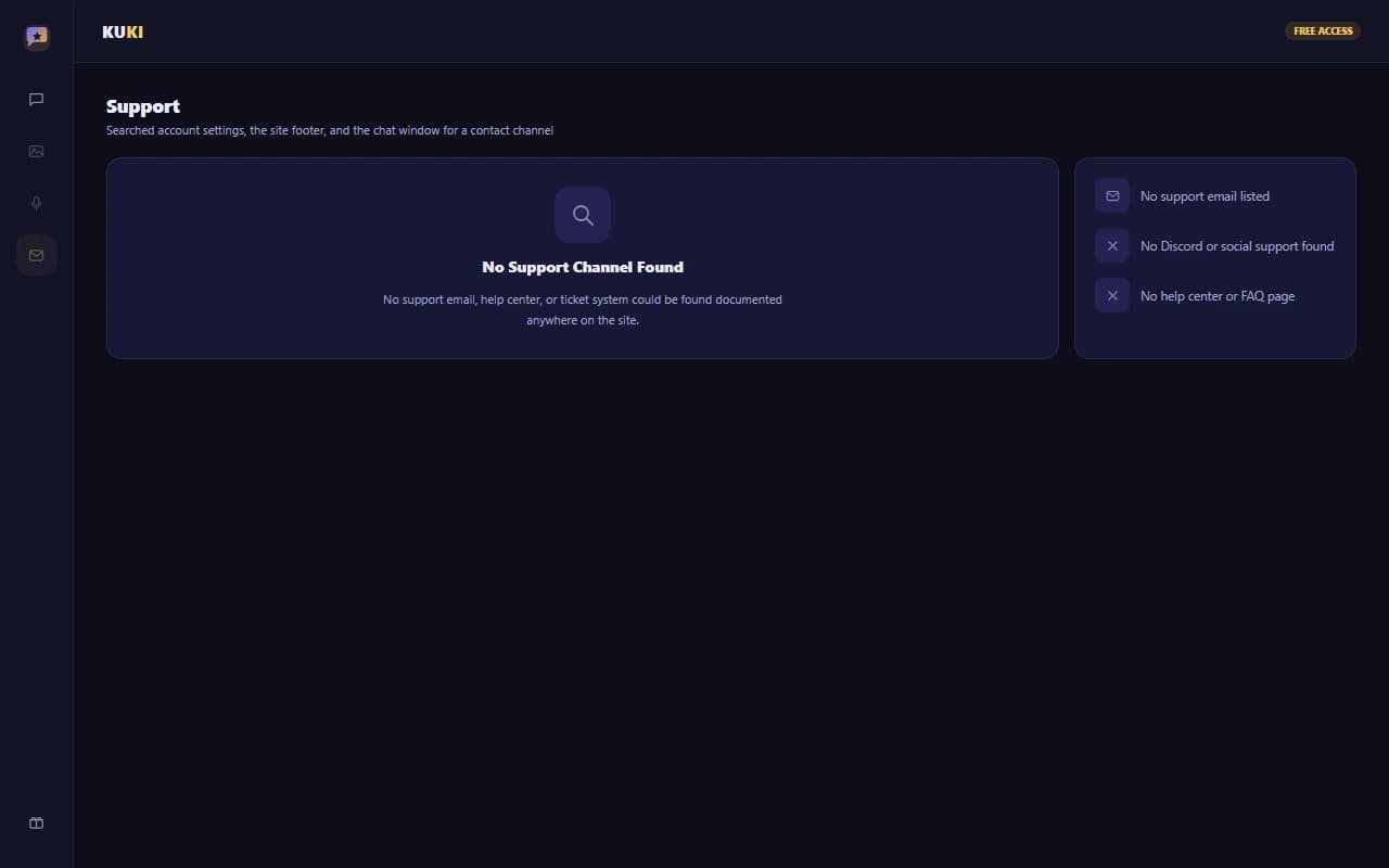 Kuki AI support screen showing no dedicated help channel found