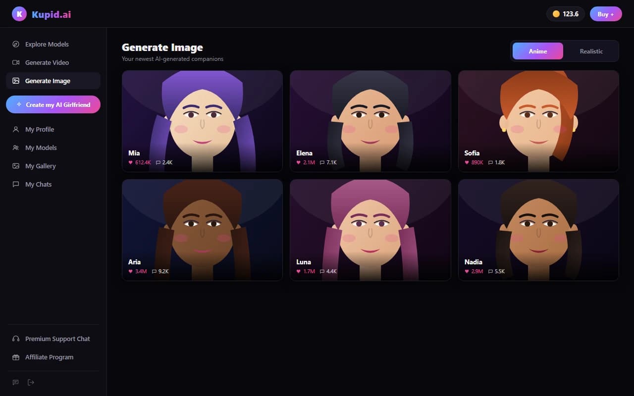 Kupid.ai generate image page showing a grid of AI-generated companion portraits Kupid.ai generate image page showing a grid of AI-generated companion portraits