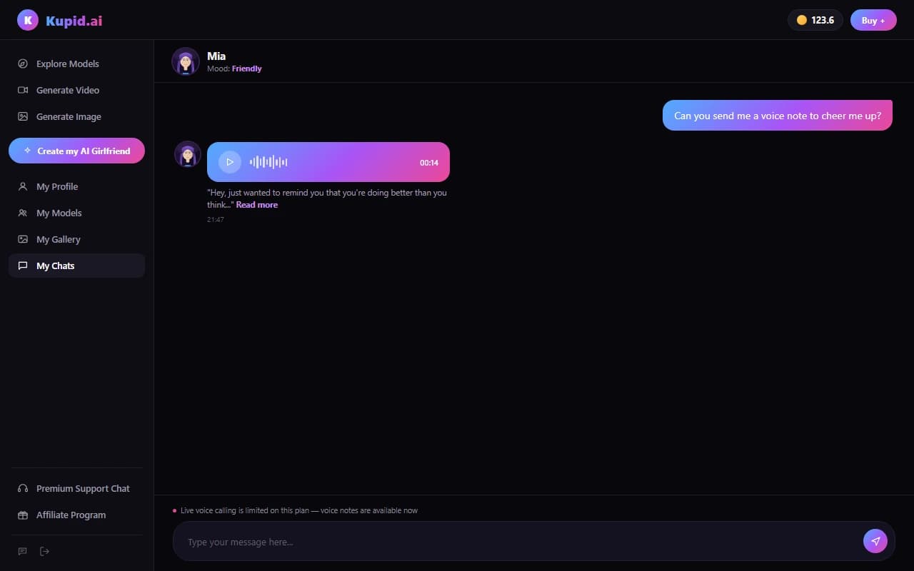 Kupid.ai chat screen showing a received voice note bubble with waveform and duration Kupid.ai chat screen showing a received voice note bubble with waveform and duration