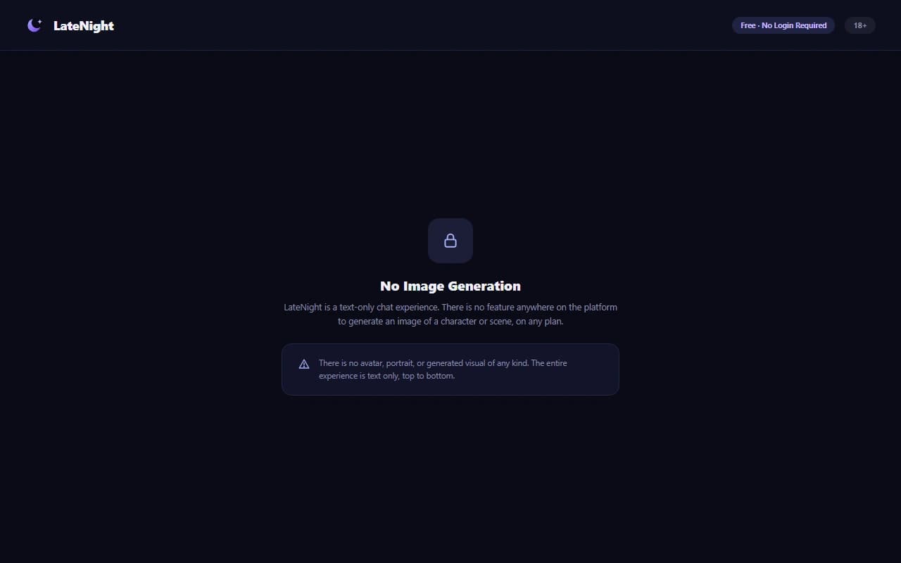 LateNight interface showing no image generation option available