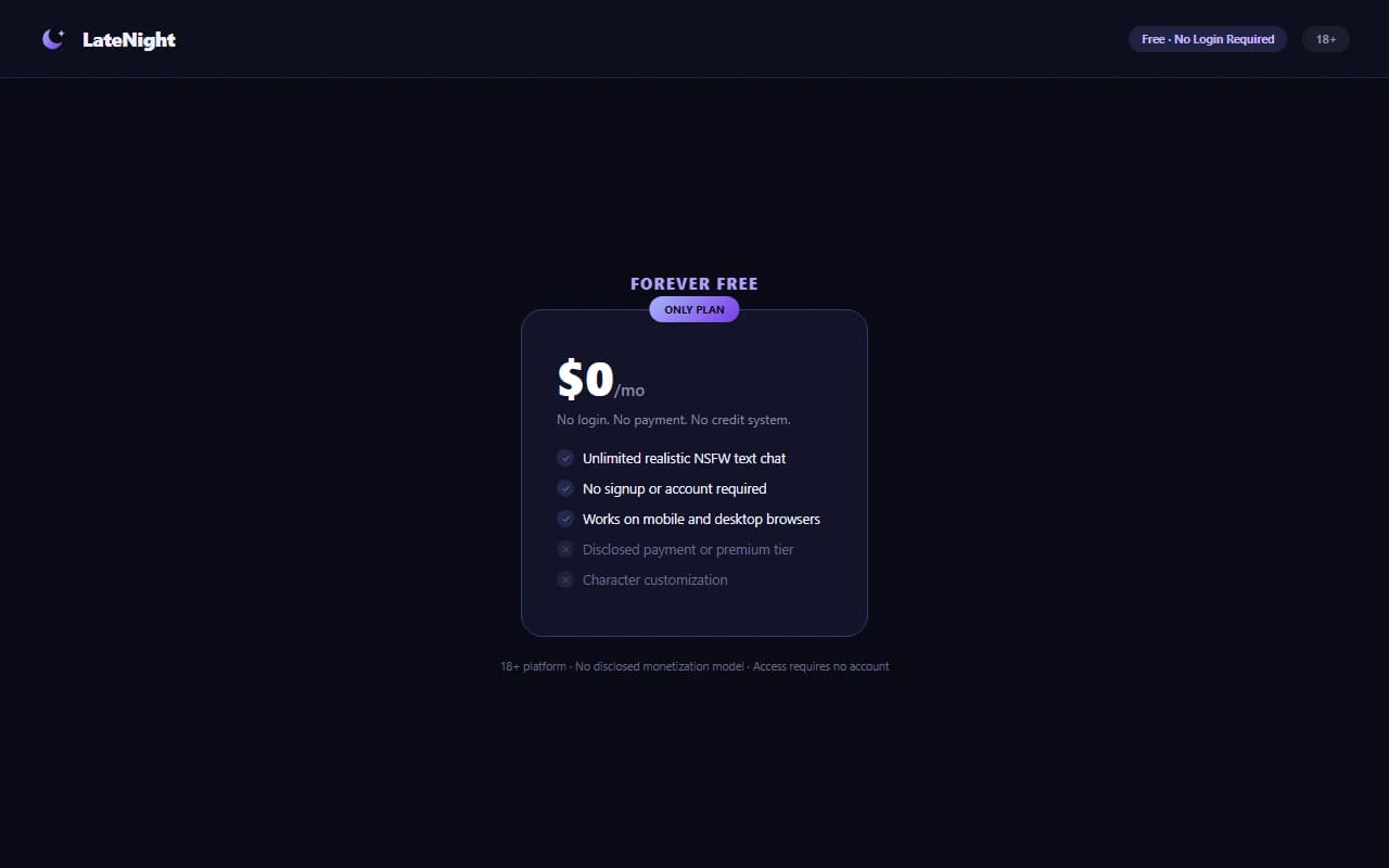 LateNight pricing page showing free, no-login access