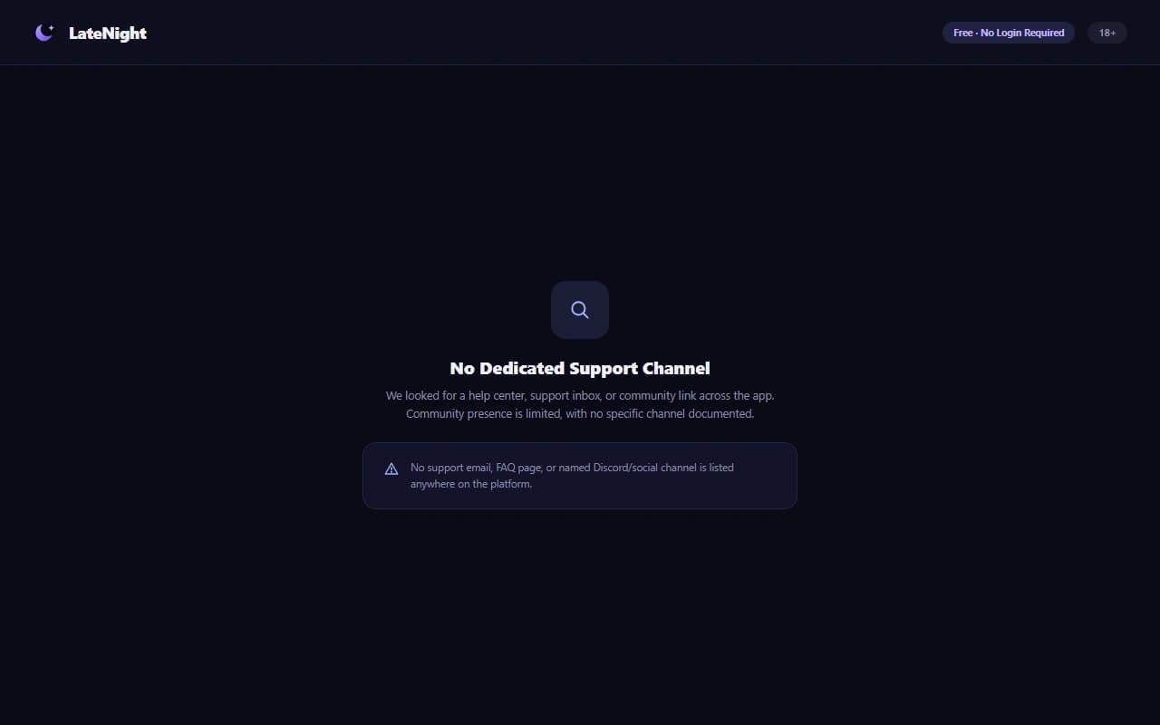 LateNight help and support page showing limited contact options