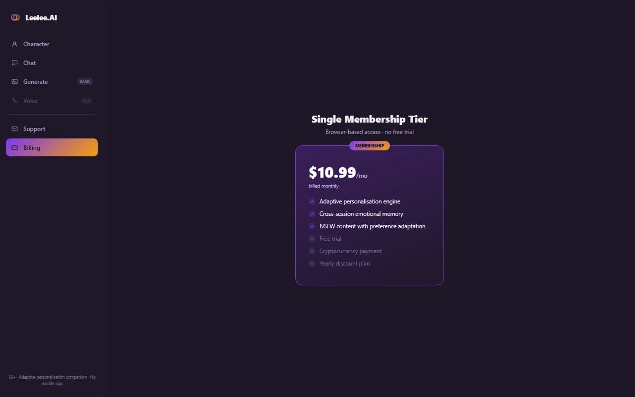 Leelee.AI pricing page showing the single $10.99 per month membership tier