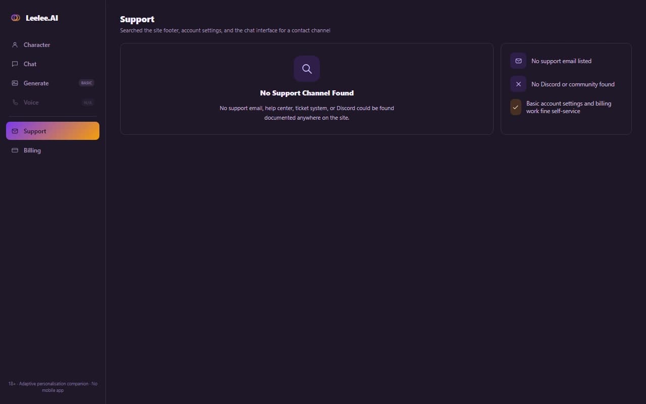 Leelee.AI support screen showing no support email, help center, or community channel could be found