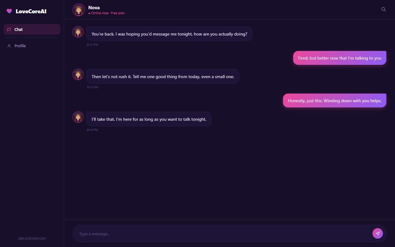 LoveCoreAI chat interface showing a conversation between a user and their free AI companion