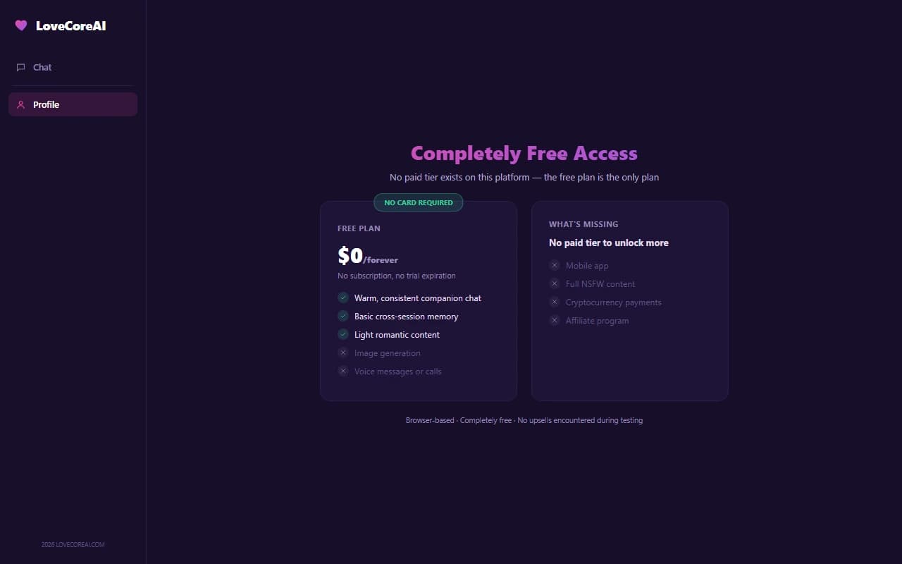 LoveCoreAI pricing screen showing the platform's completely free access with no paid tier