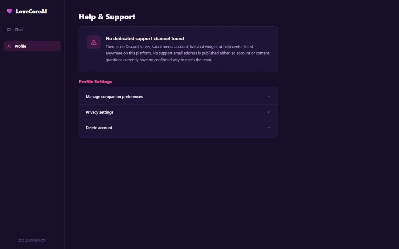 LoveCoreAI account screen showing no dedicated support channel found