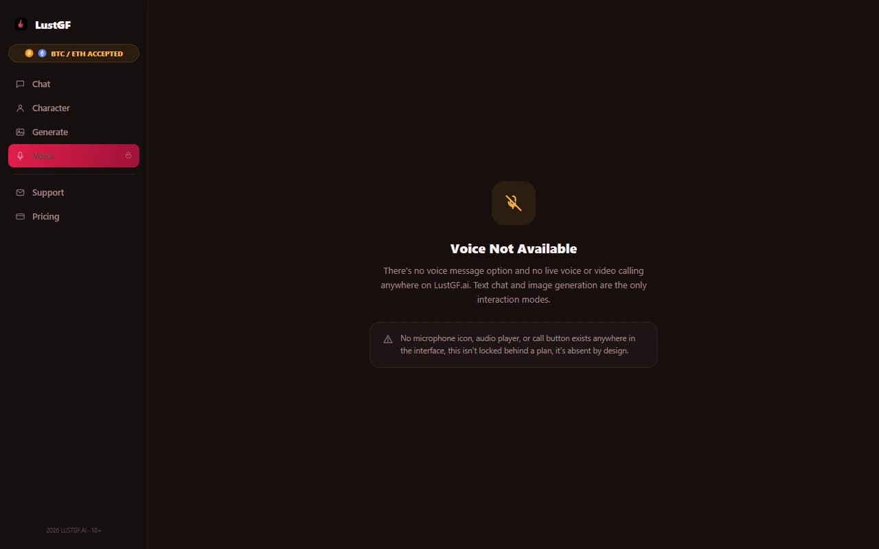 LustGF.ai interface showing no voice message or calling option available LustGF.ai interface showing no voice message or calling option available