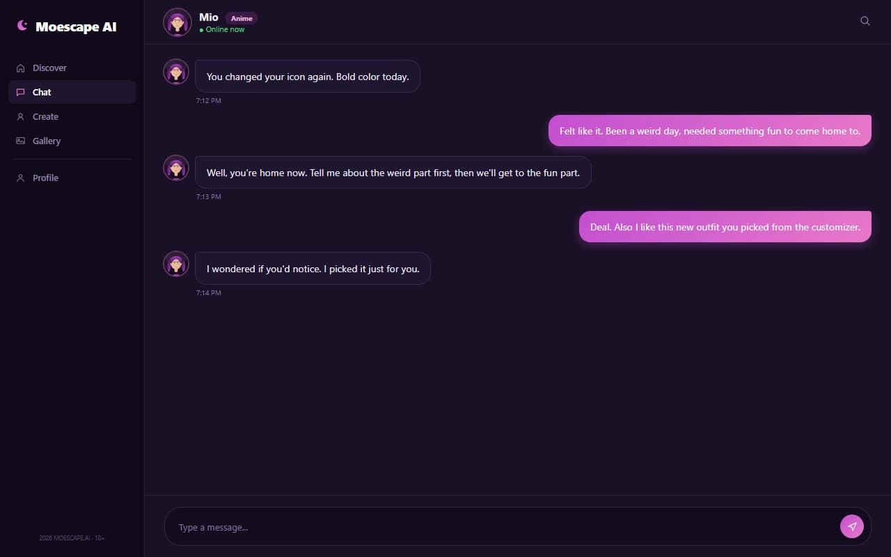 Moescape AI chat interface showing an NSFW conversation with an anime companion