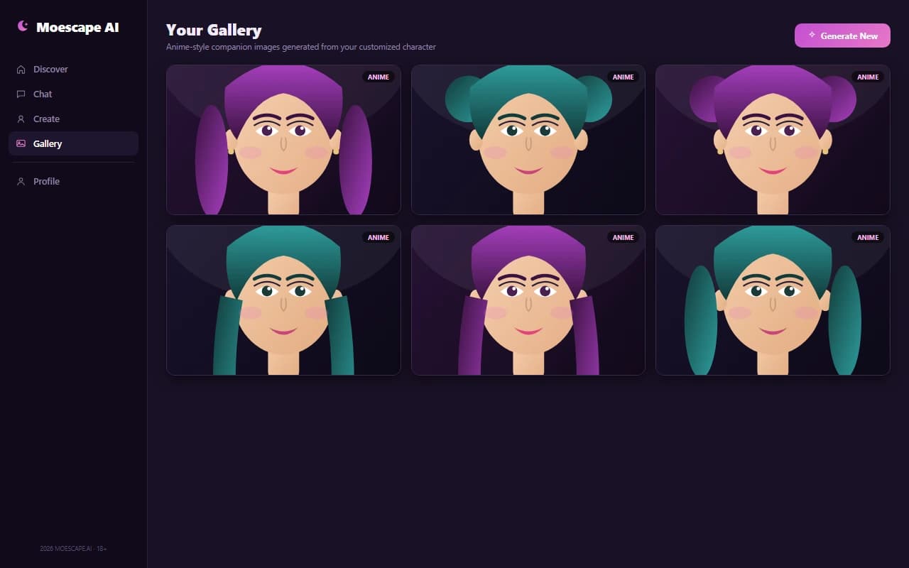 Moescape AI gallery showing generated anime-style companion portraits