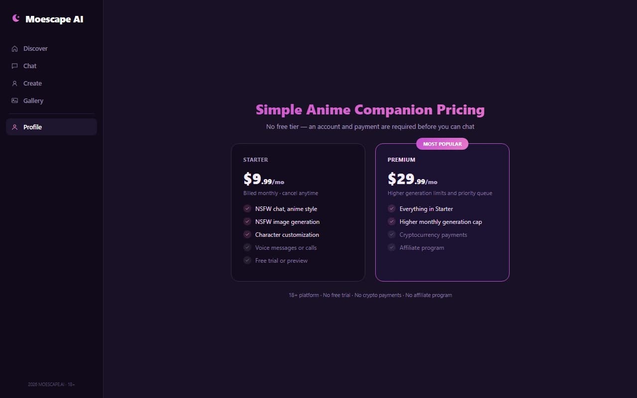 Moescape AI subscription pricing plans
