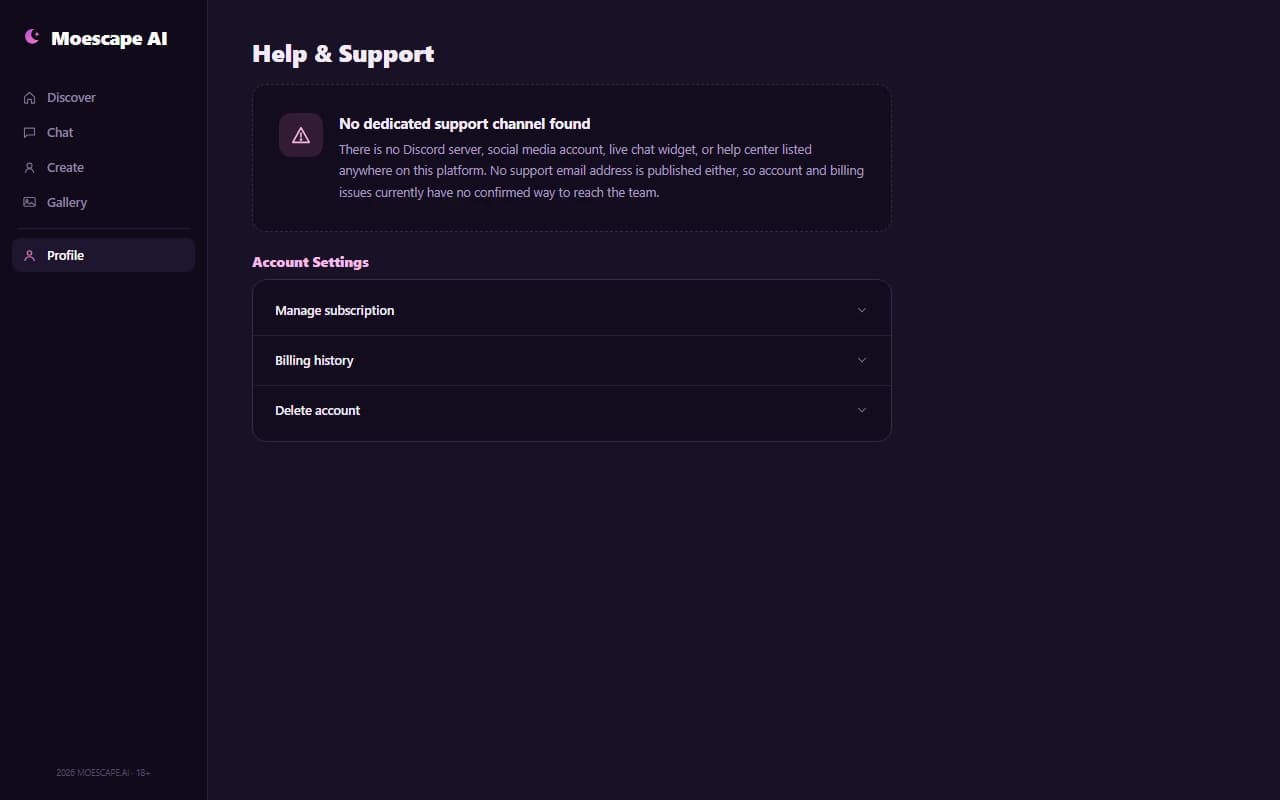 Moescape AI help screen showing no dedicated support channel found