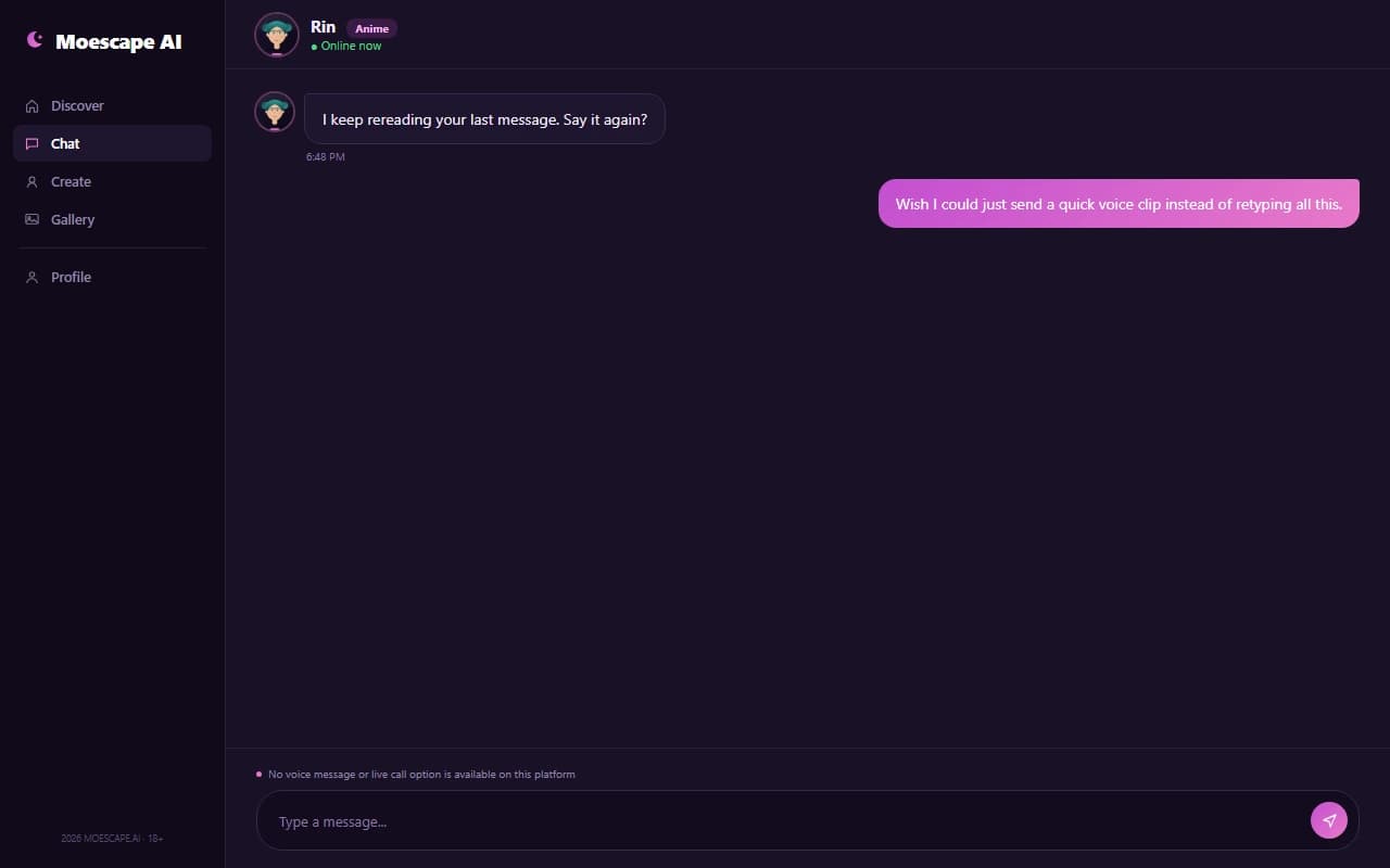 Moescape AI chat screen showing no voice message or call option available