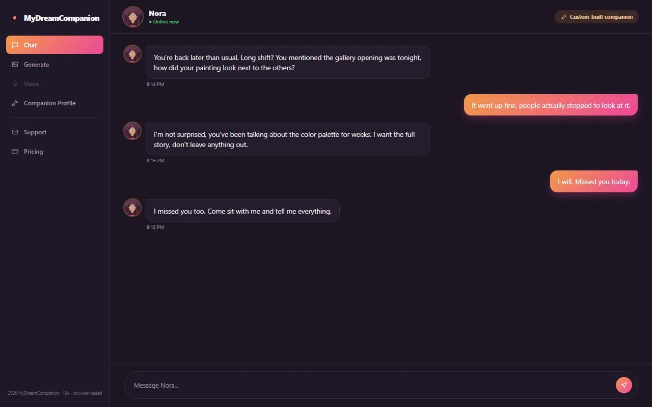 MyDreamCompanion chat interface showing a conversation with a custom-built AI companion