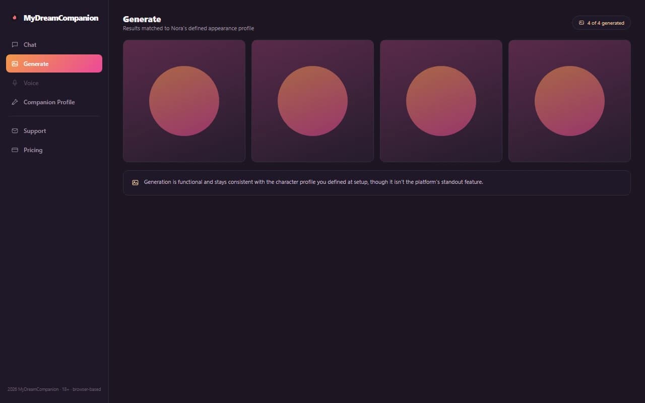 MyDreamCompanion image generation results grid matched to a companion's defined appearance