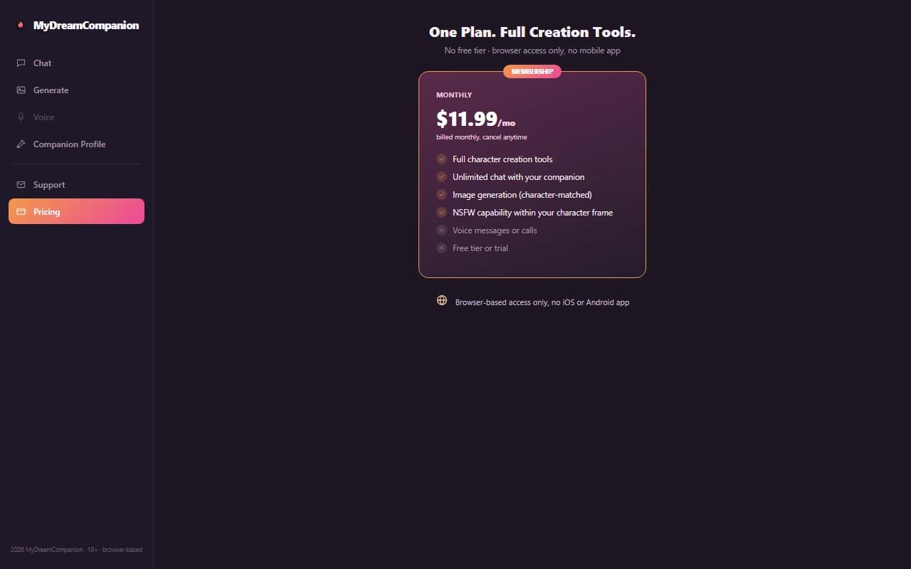 MyDreamCompanion pricing page showing the single monthly membership plan