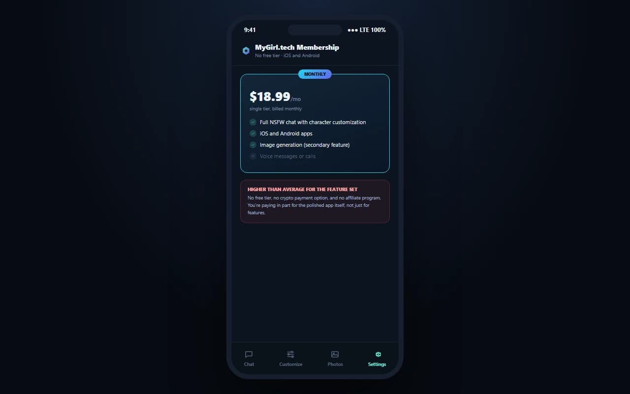 MyGirl.tech pricing screen showing the $18.99 monthly subscription plan