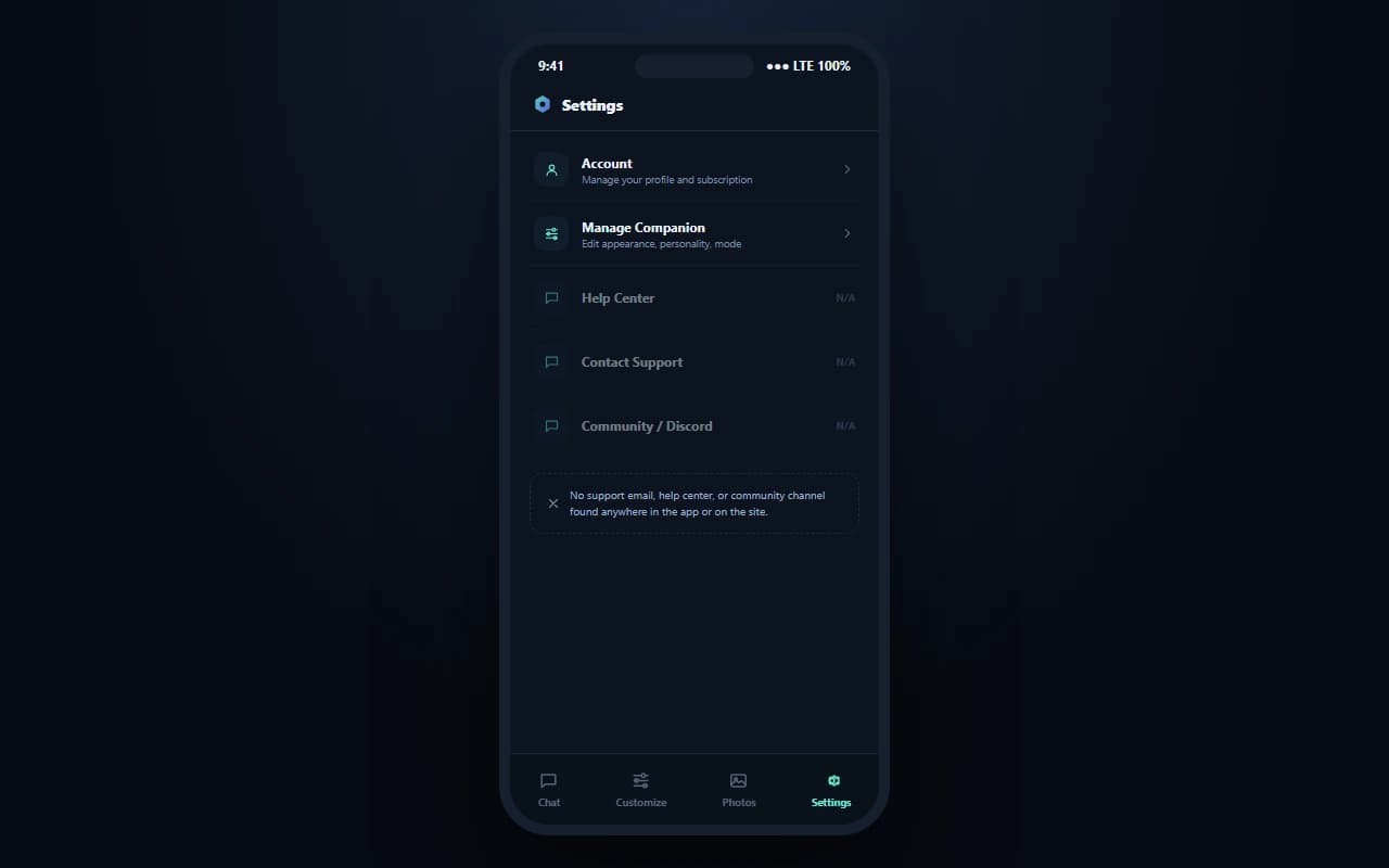 MyGirl.tech settings screen showing no support or help center option