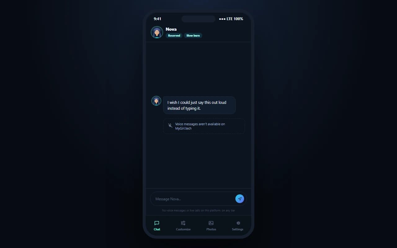 MyGirl.tech chat screen showing no voice messaging option available
