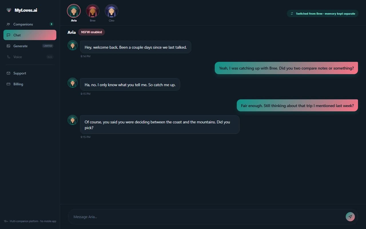 MyLoves.ai chat interface showing separate conversations with three distinct AI companions