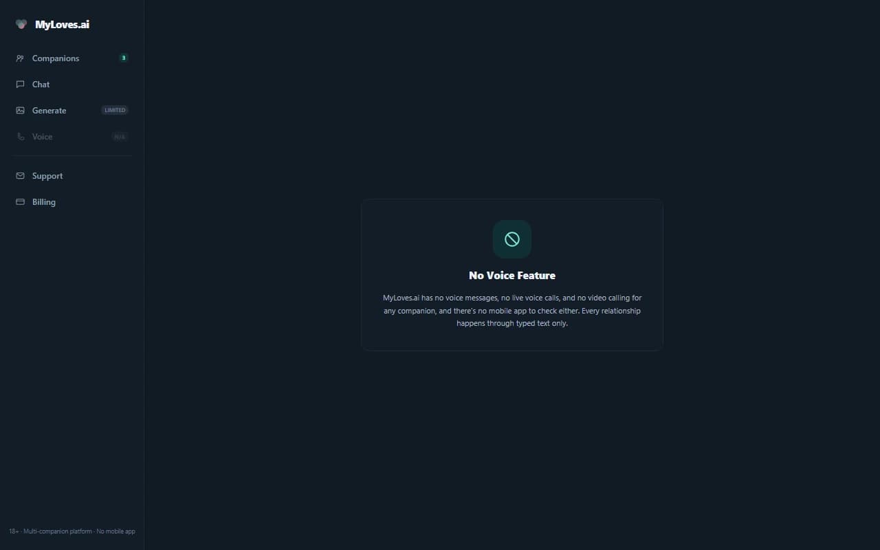 MyLoves.ai voice screen showing that no voice messaging or calling feature exists on the platform