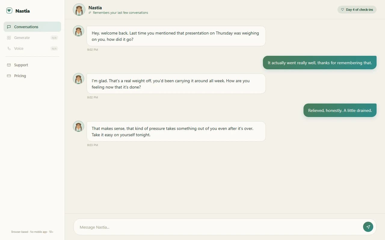 Nastia chat interface showing an ongoing conversation with emotional context carried across sessions
