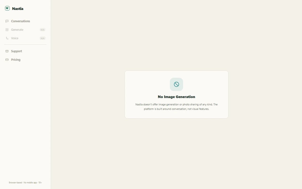Nastia interface showing no image generation option available anywhere in the app
