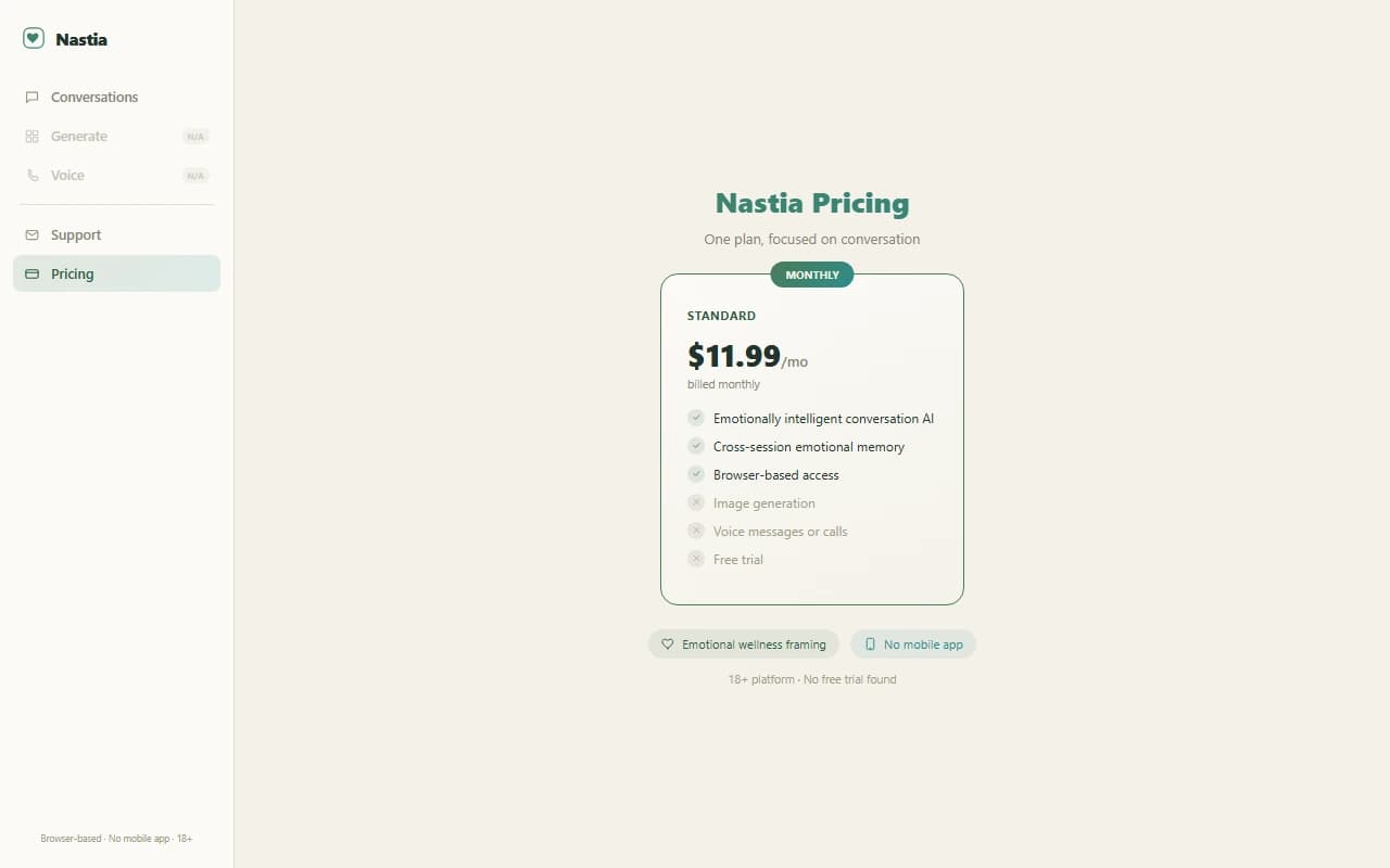 Nastia pricing page showing the single $11.99 per month plan