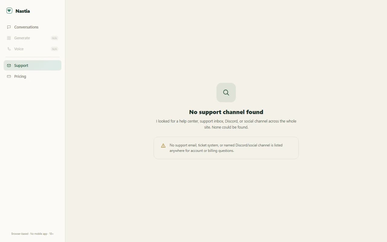 Nastia support screen showing no help center, email, or community channel could be found