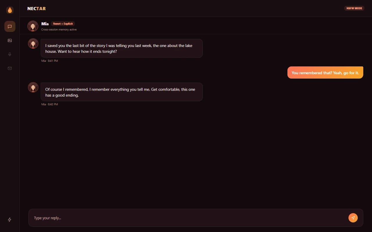 Nectar.ai chat interface showing a conversation with an AI companion