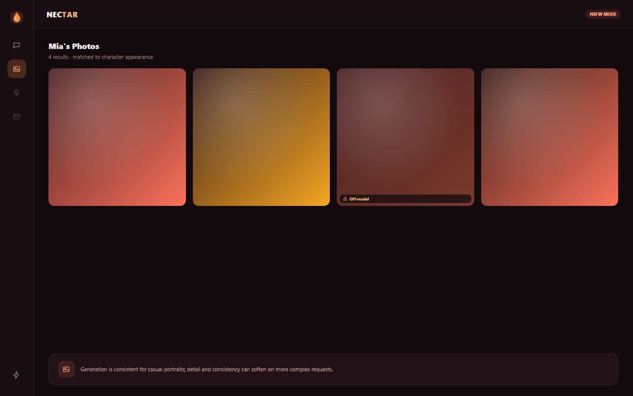 Nectar.ai image generation screen showing a grid of generated companion photos