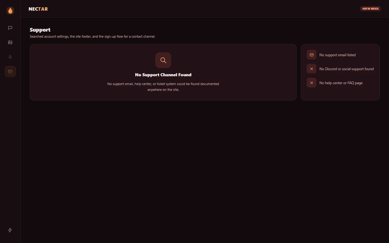 Nectar.ai support screen showing no dedicated help channel found